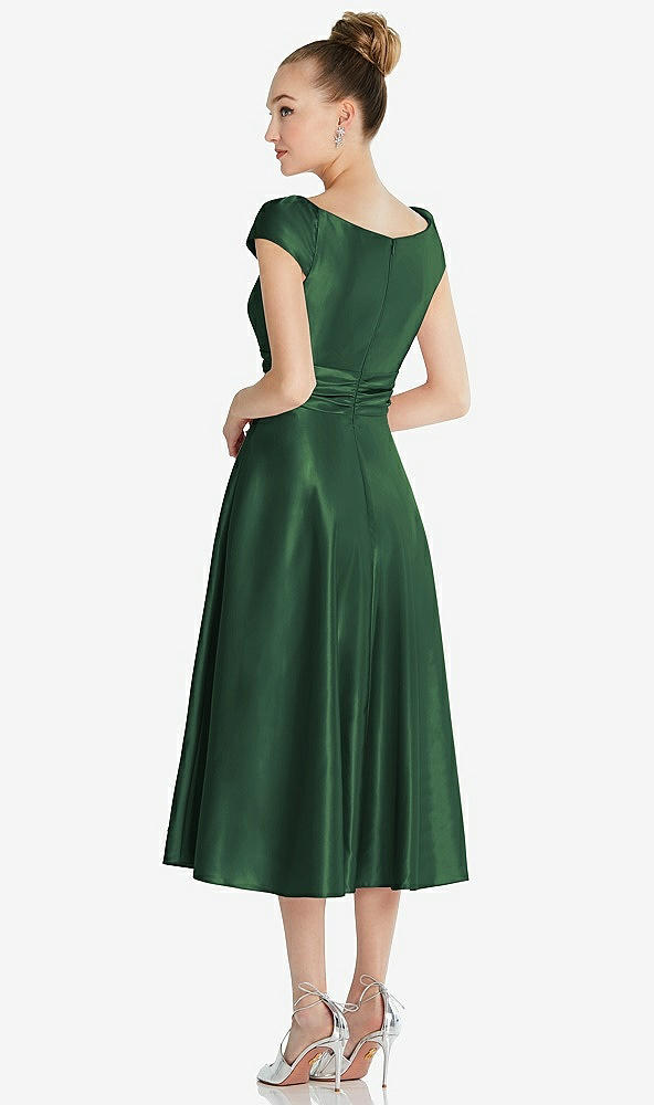 Back View - Hampton Green Cap Sleeve Faux Wrap Satin Midi Dress with Pockets