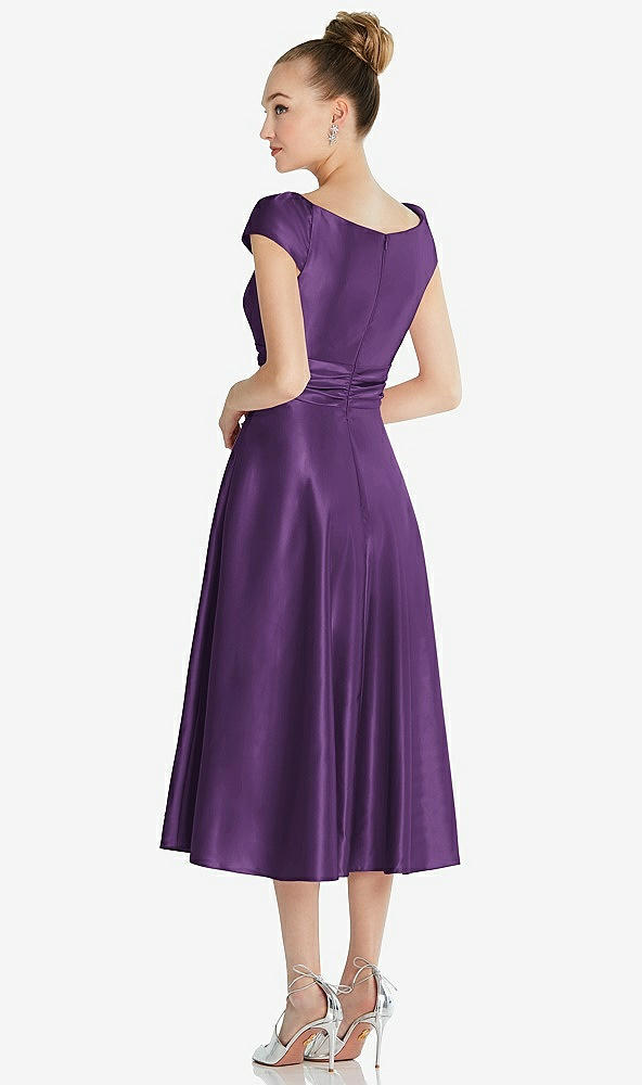 Back View - Majestic Cap Sleeve Faux Wrap Satin Midi Dress with Pockets