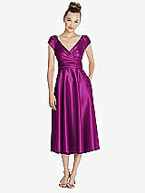 Front View Thumbnail - Persian Plum Cap Sleeve Faux Wrap Satin Midi Dress with Pockets