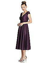 Side View Thumbnail - Aubergine Cap Sleeve Faux Wrap Satin Midi Dress with Pockets