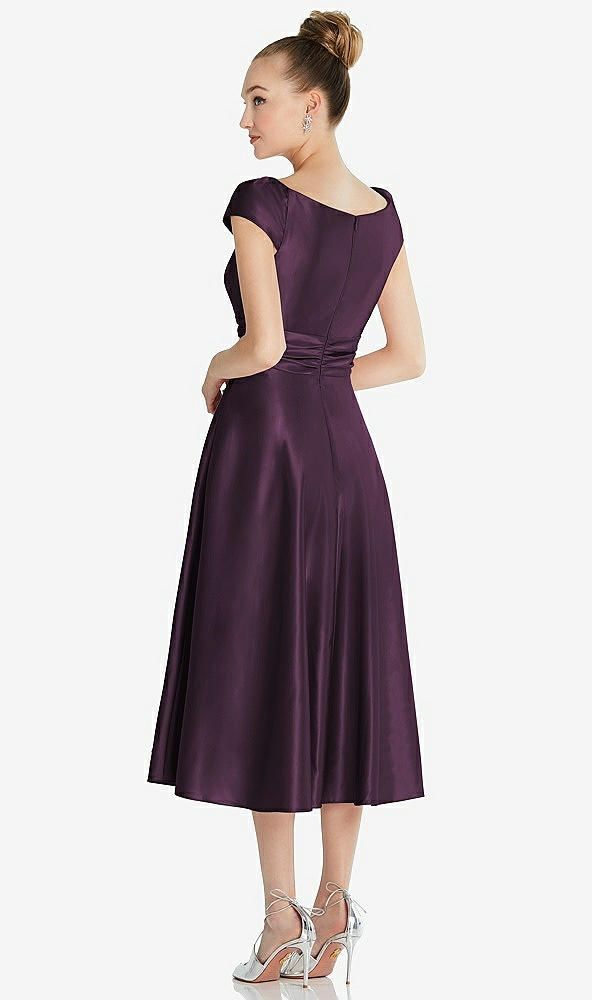 Back View - Aubergine Cap Sleeve Faux Wrap Satin Midi Dress with Pockets