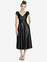 Front View Thumbnail - Black Cap Sleeve Faux Wrap Satin Midi Dress with Pockets