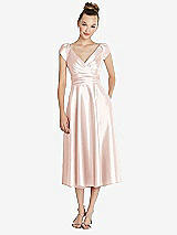 Front View Thumbnail - Blush Cap Sleeve Faux Wrap Satin Midi Dress with Pockets