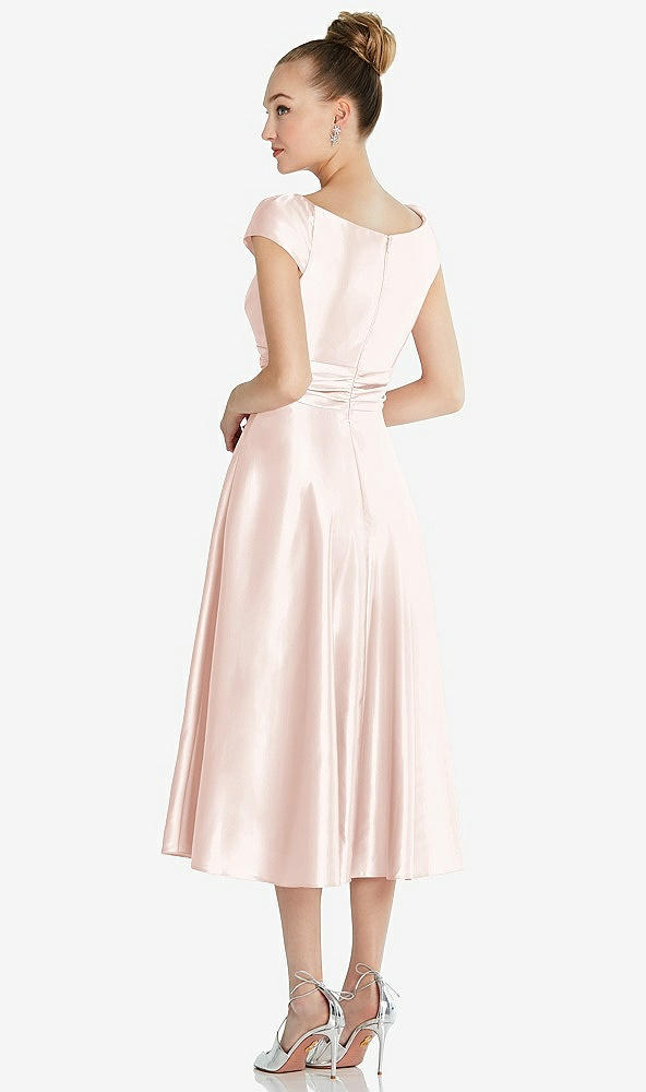 Back View - Blush Cap Sleeve Faux Wrap Satin Midi Dress with Pockets