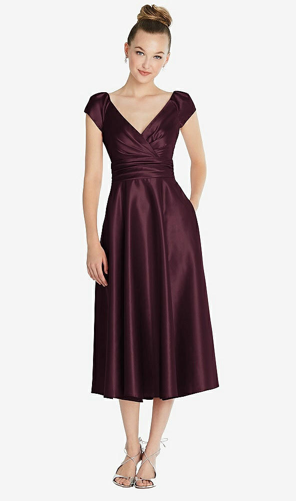 Front View - Bordeaux Cap Sleeve Faux Wrap Satin Midi Dress with Pockets