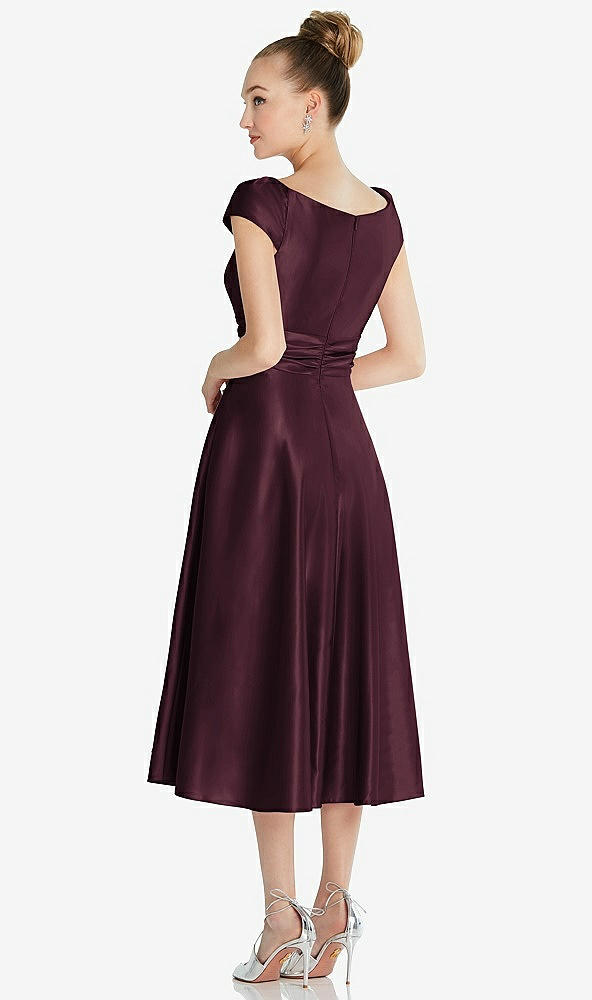 Back View - Bordeaux Cap Sleeve Faux Wrap Satin Midi Dress with Pockets