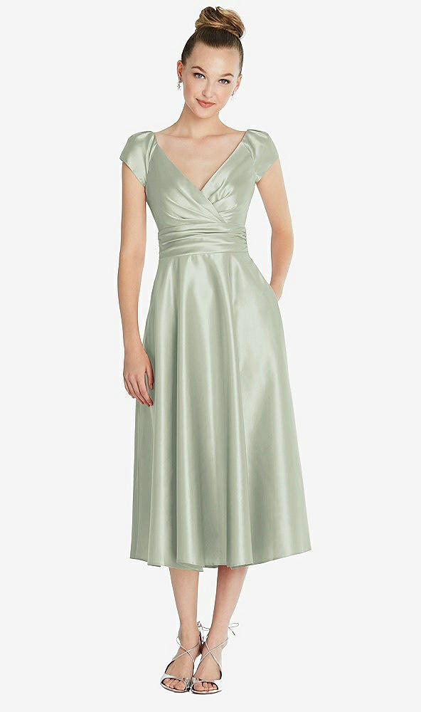 Front View - Celadon Cap Sleeve Faux Wrap Satin Midi Dress with Pockets