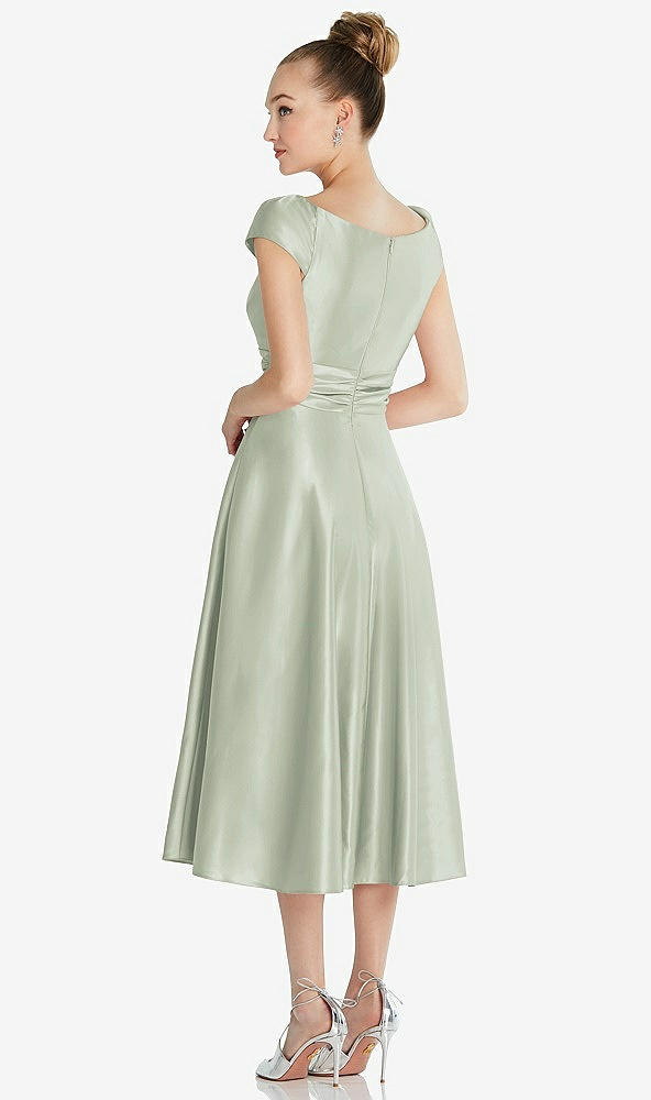 Back View - Celadon Cap Sleeve Faux Wrap Satin Midi Dress with Pockets