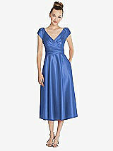 Front View Thumbnail - Cornflower Cap Sleeve Faux Wrap Satin Midi Dress with Pockets