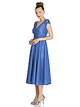 Side View Thumbnail - Cornflower Cap Sleeve Faux Wrap Satin Midi Dress with Pockets