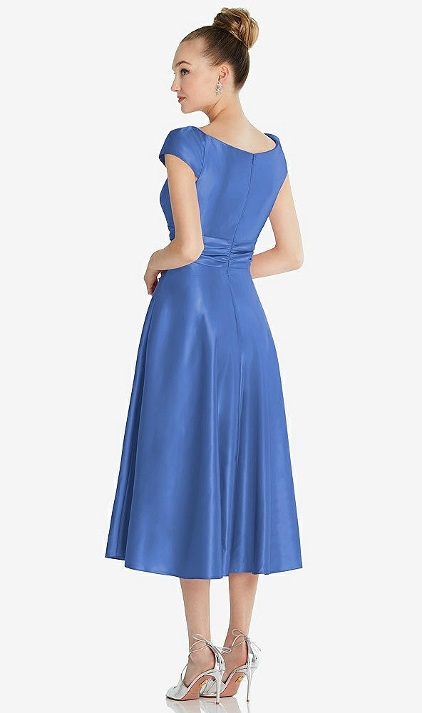 Back View - Cornflower Cap Sleeve Faux Wrap Satin Midi Dress with Pockets