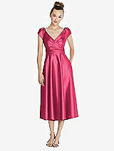 Front View Thumbnail - Pantone Honeysuckle Cap Sleeve Faux Wrap Satin Midi Dress with Pockets