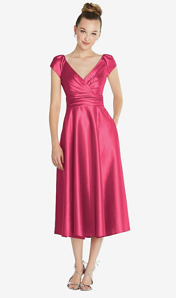 Front View - Pantone Honeysuckle Cap Sleeve Faux Wrap Satin Midi Dress with Pockets