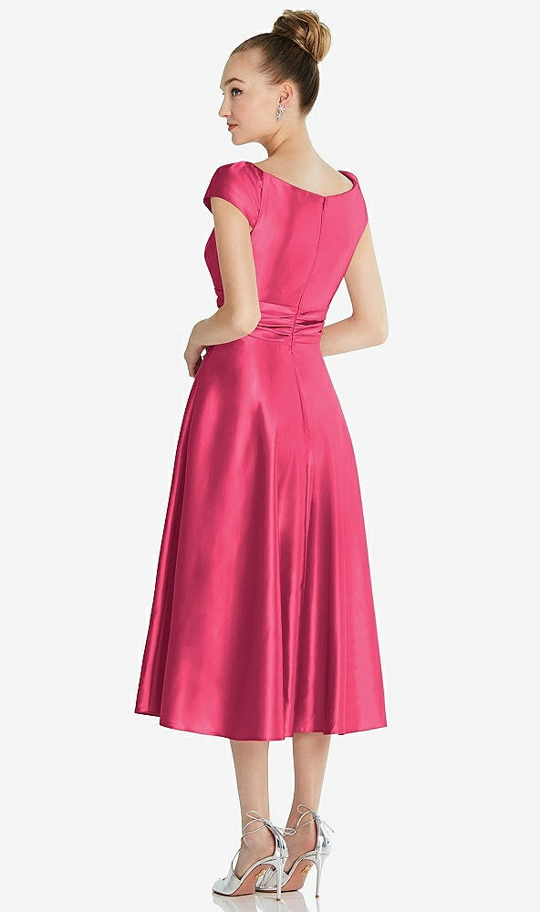 Back View - Pantone Honeysuckle Cap Sleeve Faux Wrap Satin Midi Dress with Pockets