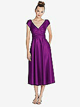 Front View Thumbnail - Dahlia Cap Sleeve Faux Wrap Satin Midi Dress with Pockets