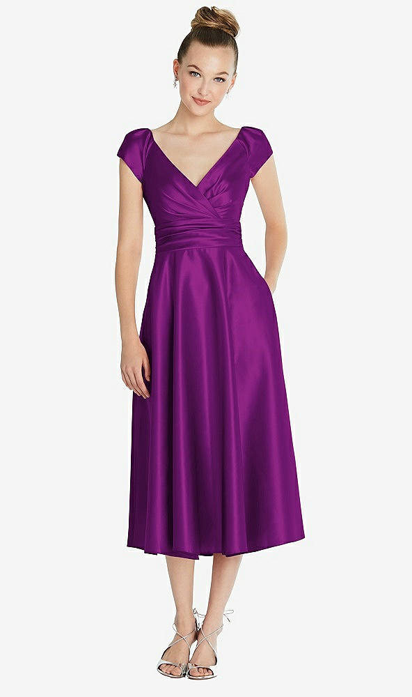 Front View - Dahlia Cap Sleeve Faux Wrap Satin Midi Dress with Pockets