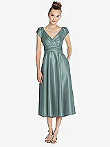 Front View Thumbnail - Icelandic Cap Sleeve Faux Wrap Satin Midi Dress with Pockets