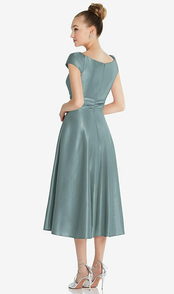 Back View - Icelandic Cap Sleeve Faux Wrap Satin Midi Dress with Pockets