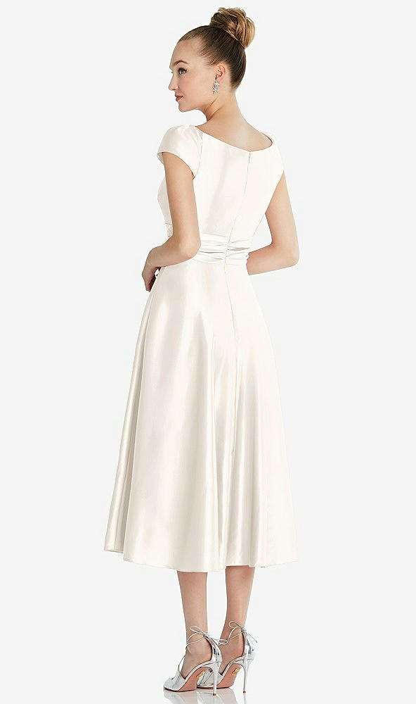 Back View - Ivory Cap Sleeve Faux Wrap Satin Midi Dress with Pockets