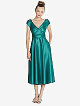 Front View Thumbnail - Jade Cap Sleeve Faux Wrap Satin Midi Dress with Pockets