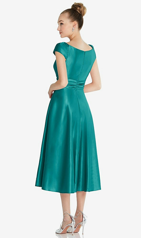 Back View - Jade Cap Sleeve Faux Wrap Satin Midi Dress with Pockets