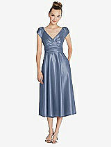 Front View Thumbnail - Larkspur Blue Cap Sleeve Faux Wrap Satin Midi Dress with Pockets