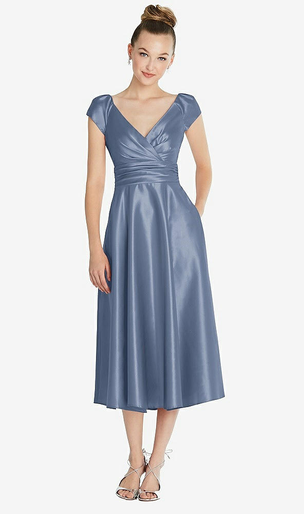 Front View - Larkspur Blue Cap Sleeve Faux Wrap Satin Midi Dress with Pockets