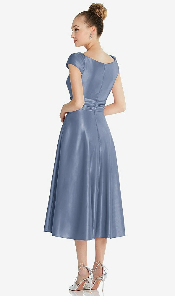 Back View - Larkspur Blue Cap Sleeve Faux Wrap Satin Midi Dress with Pockets