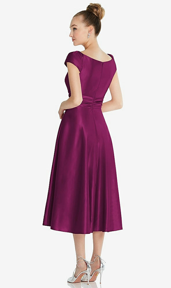 Back View - Merlot Cap Sleeve Faux Wrap Satin Midi Dress with Pockets