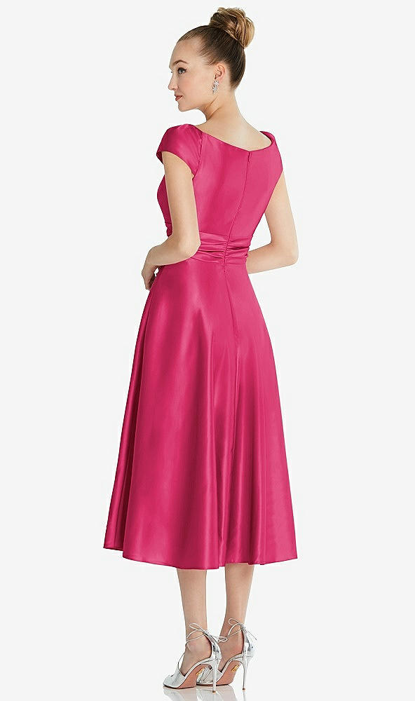 Back View - Posie Cap Sleeve Faux Wrap Satin Midi Dress with Pockets