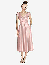 Front View Thumbnail - Rose Quartz Cap Sleeve Faux Wrap Satin Midi Dress with Pockets