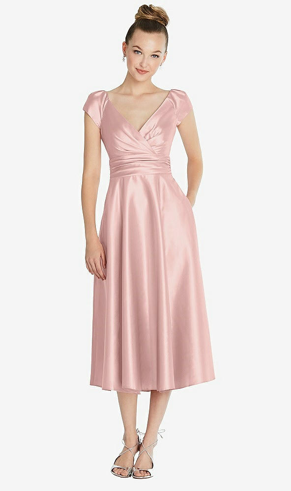 Front View - Rose Quartz Cap Sleeve Faux Wrap Satin Midi Dress with Pockets