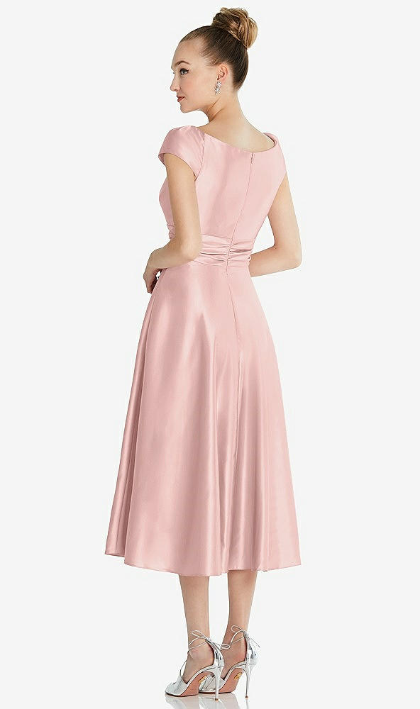 Back View - Rose Quartz Cap Sleeve Faux Wrap Satin Midi Dress with Pockets