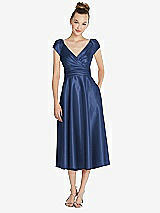 Front View Thumbnail - Sailor Cap Sleeve Faux Wrap Satin Midi Dress with Pockets