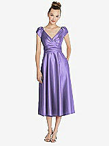 Front View Thumbnail - Tahiti Cap Sleeve Faux Wrap Satin Midi Dress with Pockets