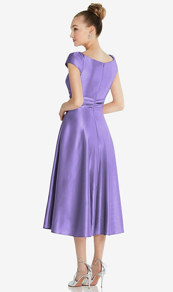 Back View - Tahiti Cap Sleeve Faux Wrap Satin Midi Dress with Pockets