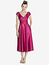 Front View Thumbnail - Tutti Frutti Cap Sleeve Faux Wrap Satin Midi Dress with Pockets