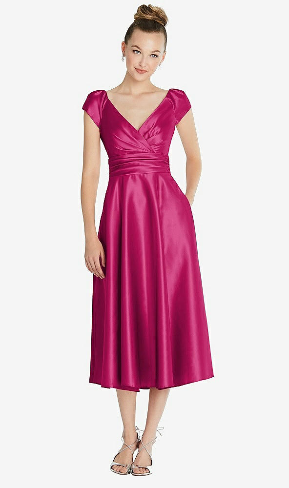 Front View - Tutti Frutti Cap Sleeve Faux Wrap Satin Midi Dress with Pockets