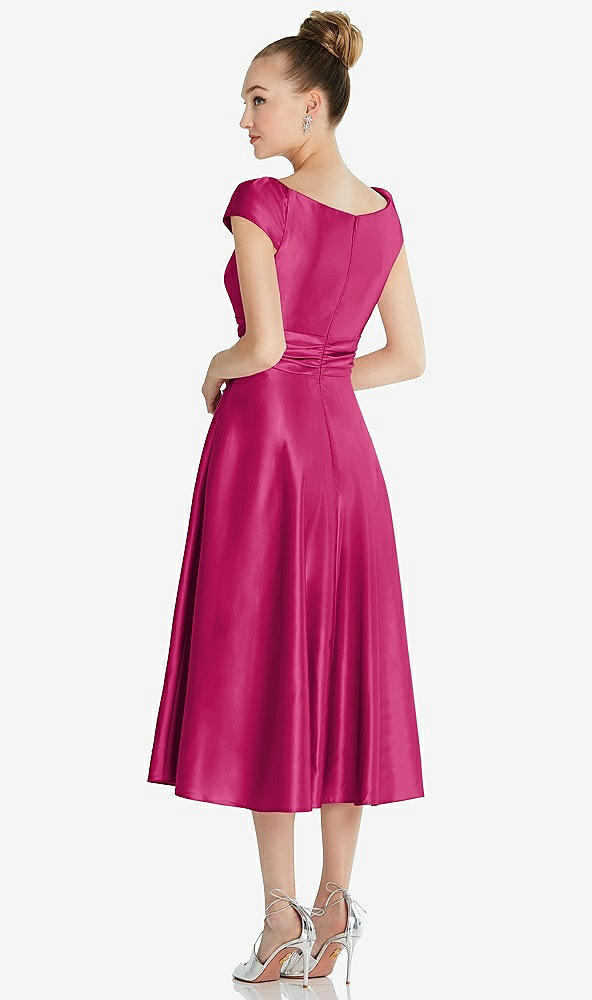 Back View - Tutti Frutti Cap Sleeve Faux Wrap Satin Midi Dress with Pockets