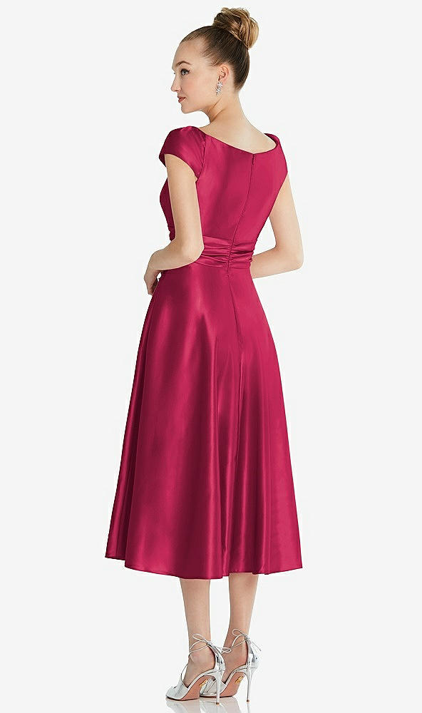 Back View - Valentine Cap Sleeve Faux Wrap Satin Midi Dress with Pockets