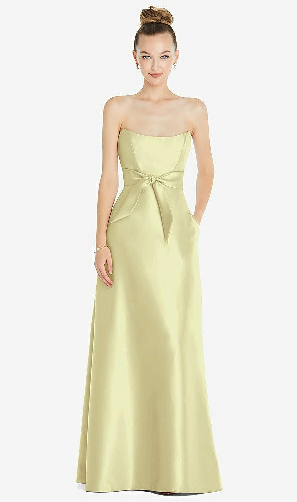 Front View - Butter Yellow Basque-Neck Strapless Satin Gown with Mini Sash