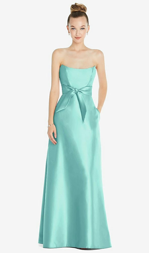 Front View - Coastal Basque-Neck Strapless Satin Gown with Mini Sash