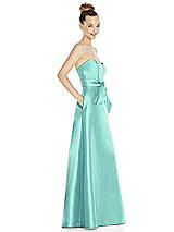 Side View Thumbnail - Coastal Basque-Neck Strapless Satin Gown with Mini Sash