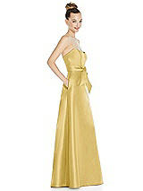 Side View Thumbnail - Maize Basque-Neck Strapless Satin Gown with Mini Sash