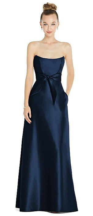 Basque-Neck Strapless Satin Gown with Mini Sash