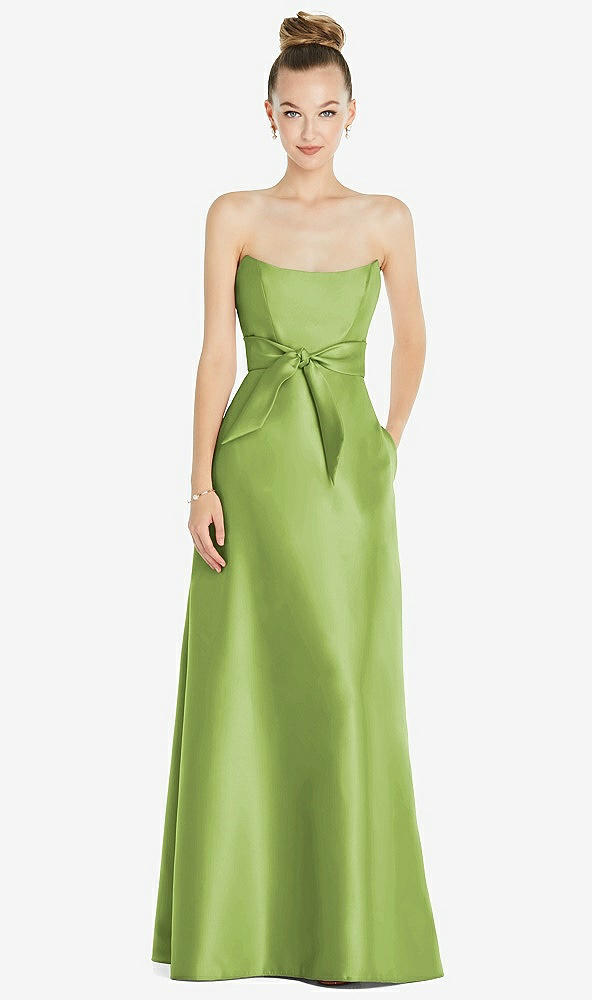 Front View - Mojito Basque-Neck Strapless Satin Gown with Mini Sash