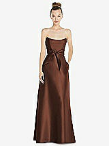 Front View Thumbnail - Cognac Basque-Neck Strapless Satin Gown with Mini Sash