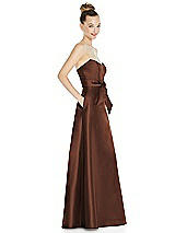 Side View Thumbnail - Cognac Basque-Neck Strapless Satin Gown with Mini Sash