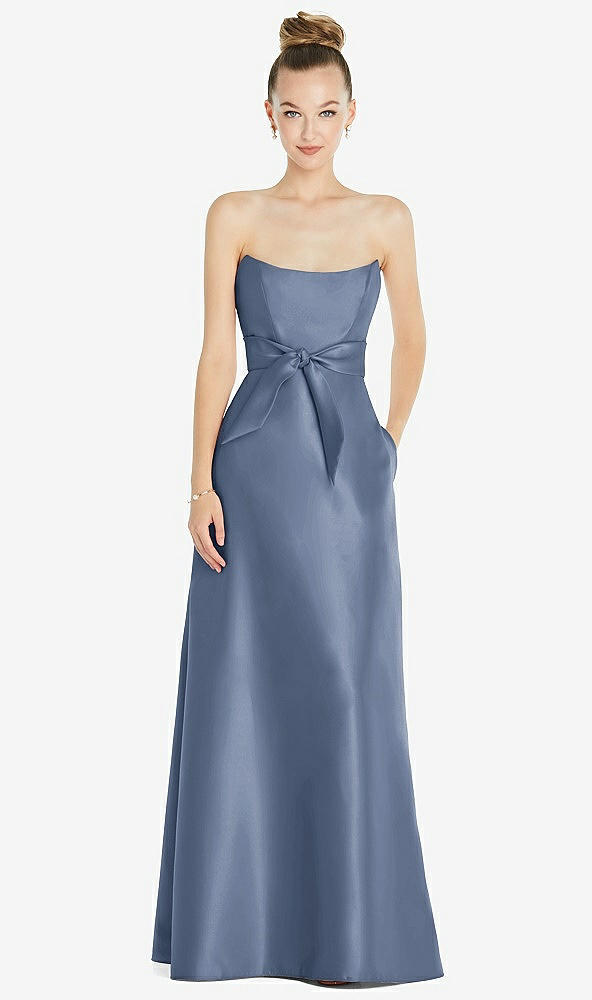 Front View - Larkspur Blue Basque-Neck Strapless Satin Gown with Mini Sash