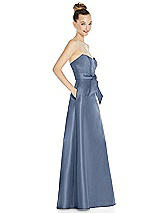 Side View Thumbnail - Larkspur Blue Basque-Neck Strapless Satin Gown with Mini Sash